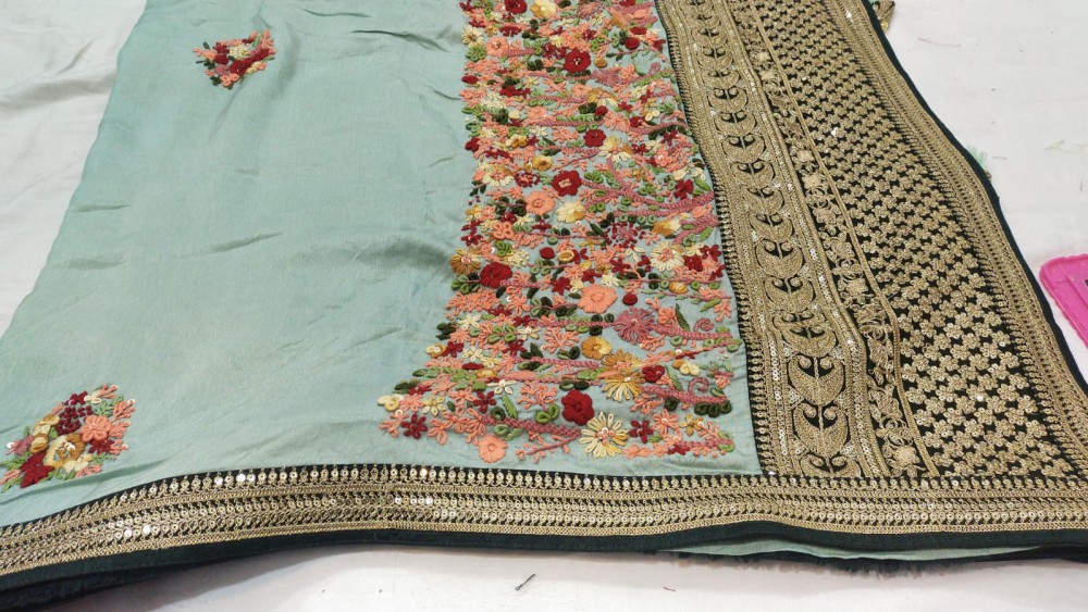 Russian silk sari with thread embroidery 